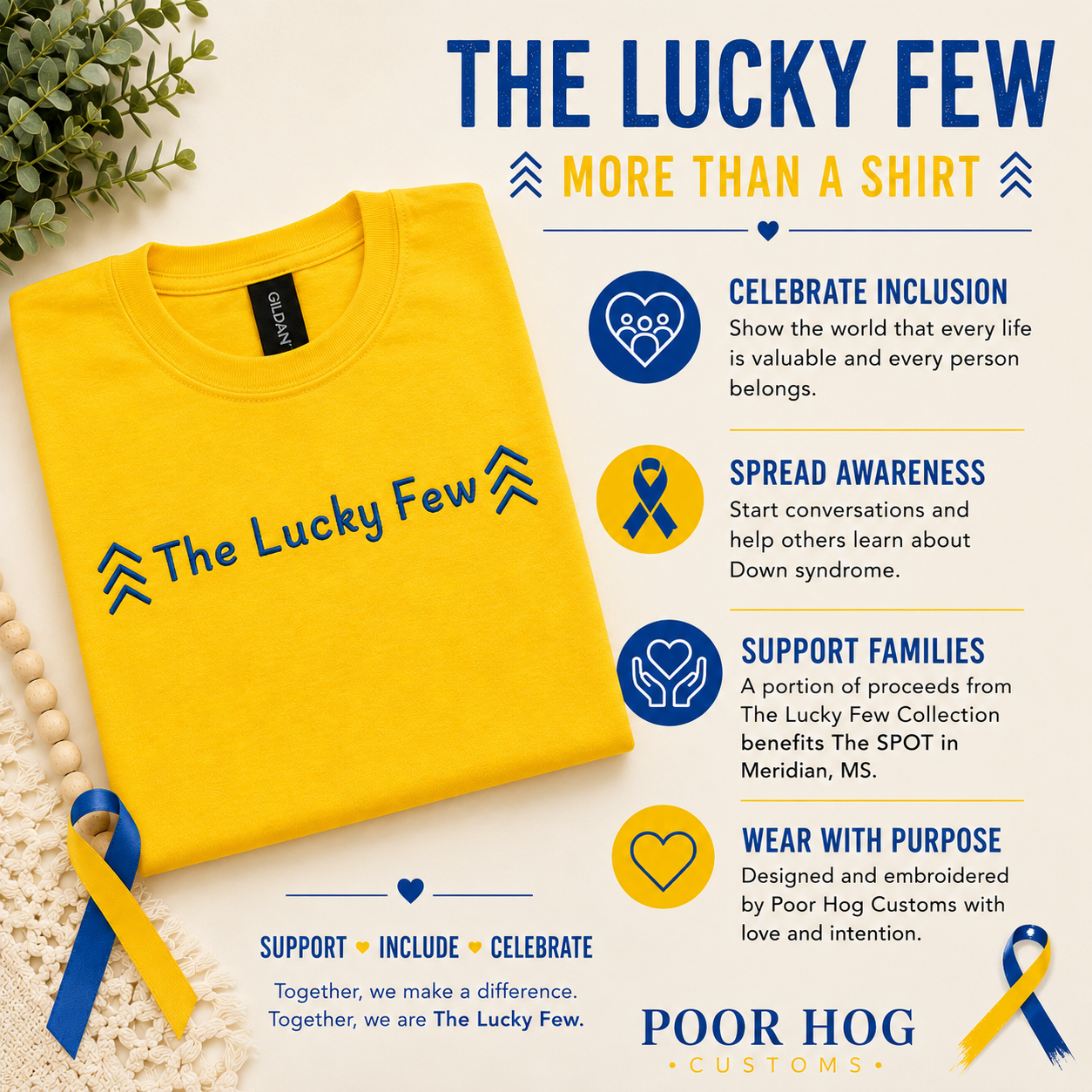 The Lucky Few Embroidered Shirt, Down Syndrome Awareness Tee by Poor Hog Customs, Southern lifestyle apparel detail photo 5