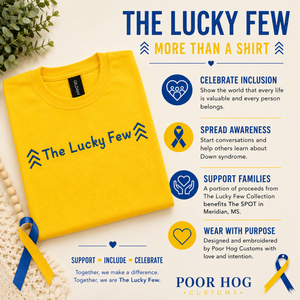 The Lucky Few Embroidered Shirt, Down Syndrome Awareness Tee by Poor Hog Customs, Southern lifestyle apparel detail photo 5