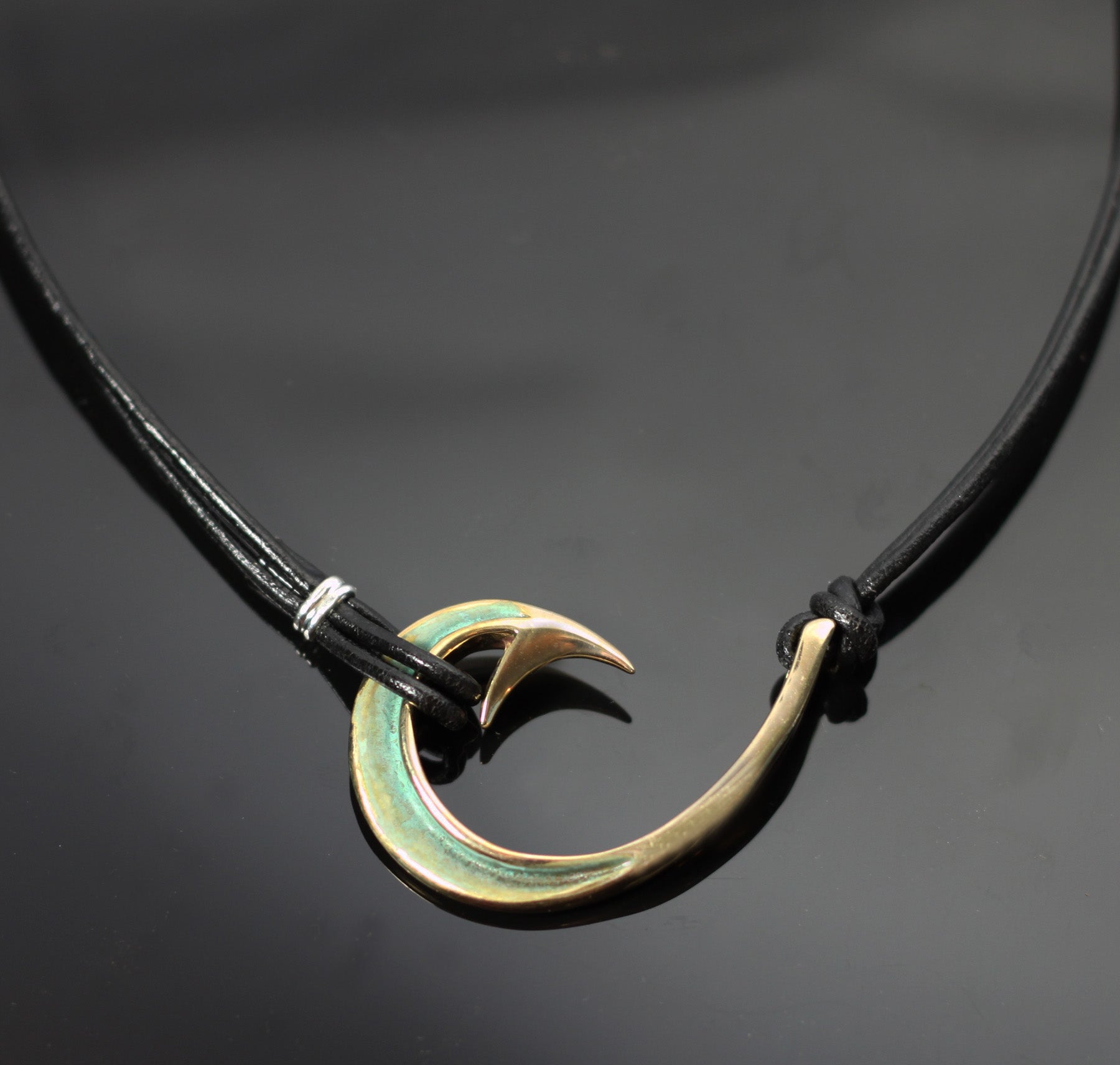 Two Way Large Bronze Circle Hook Necklace on Black Leather by Anisa Jewelry