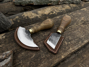 2-Piece Rounded and Angled Leather Knife Set detail view by Sharky Forged Steel Tools