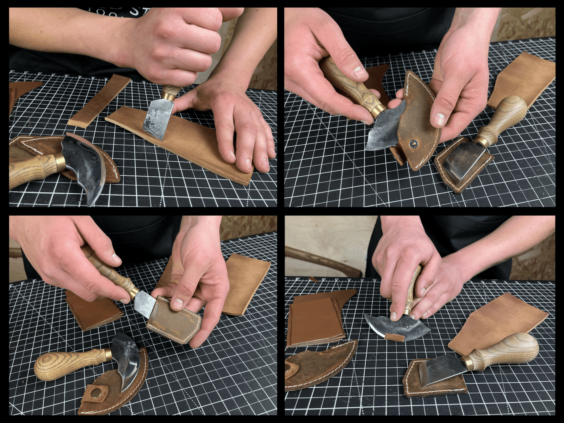 2-Piece Rounded and Angled Leather Knife Set detail view by Sharky Forged Steel Tools