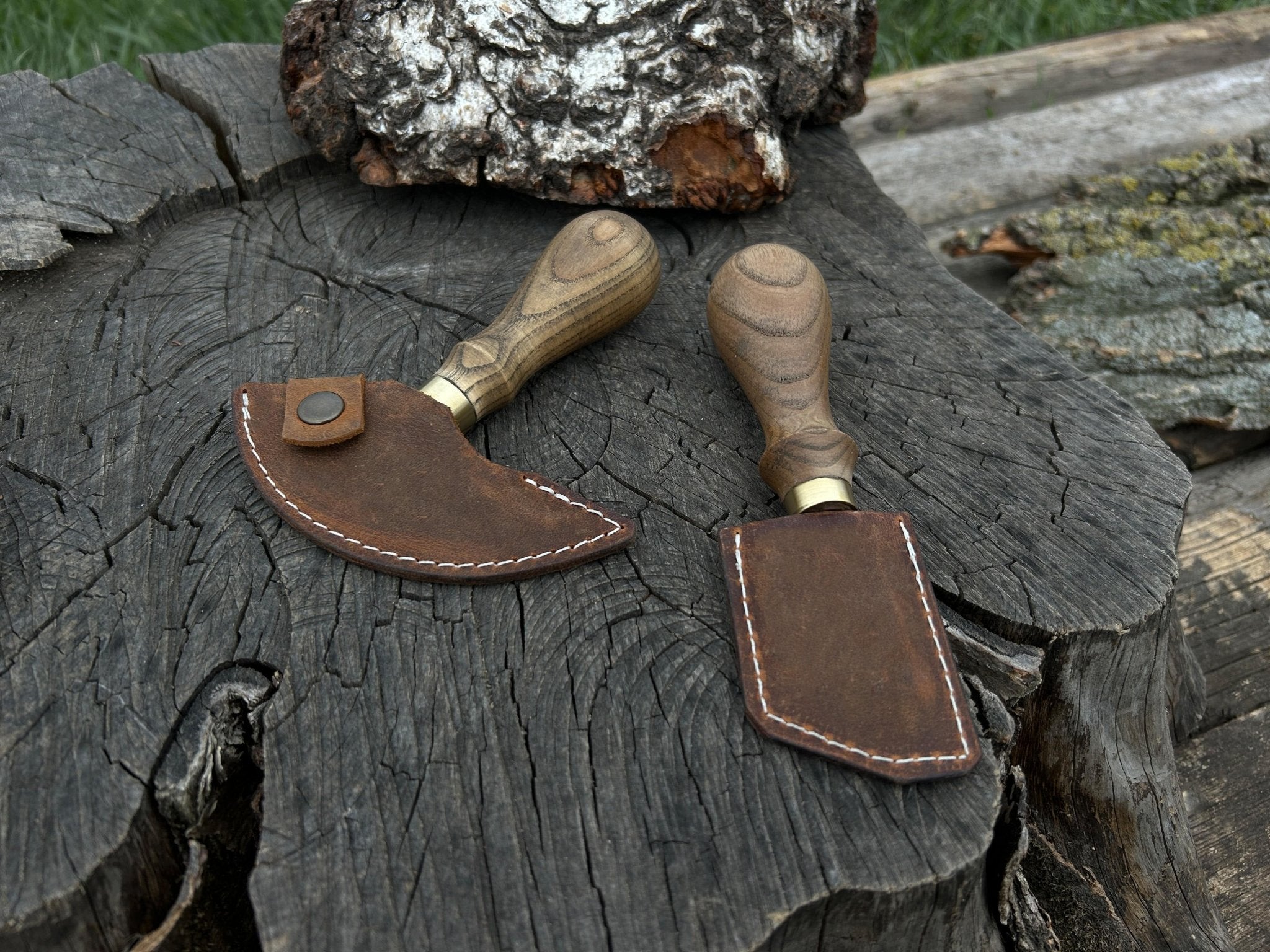 2-Piece Rounded and Angled Leather Knife Set detail view by Sharky Forged Steel Tools