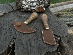 2-Piece Rounded and Angled Leather Knife Set detail view by Sharky Forged Steel Tools