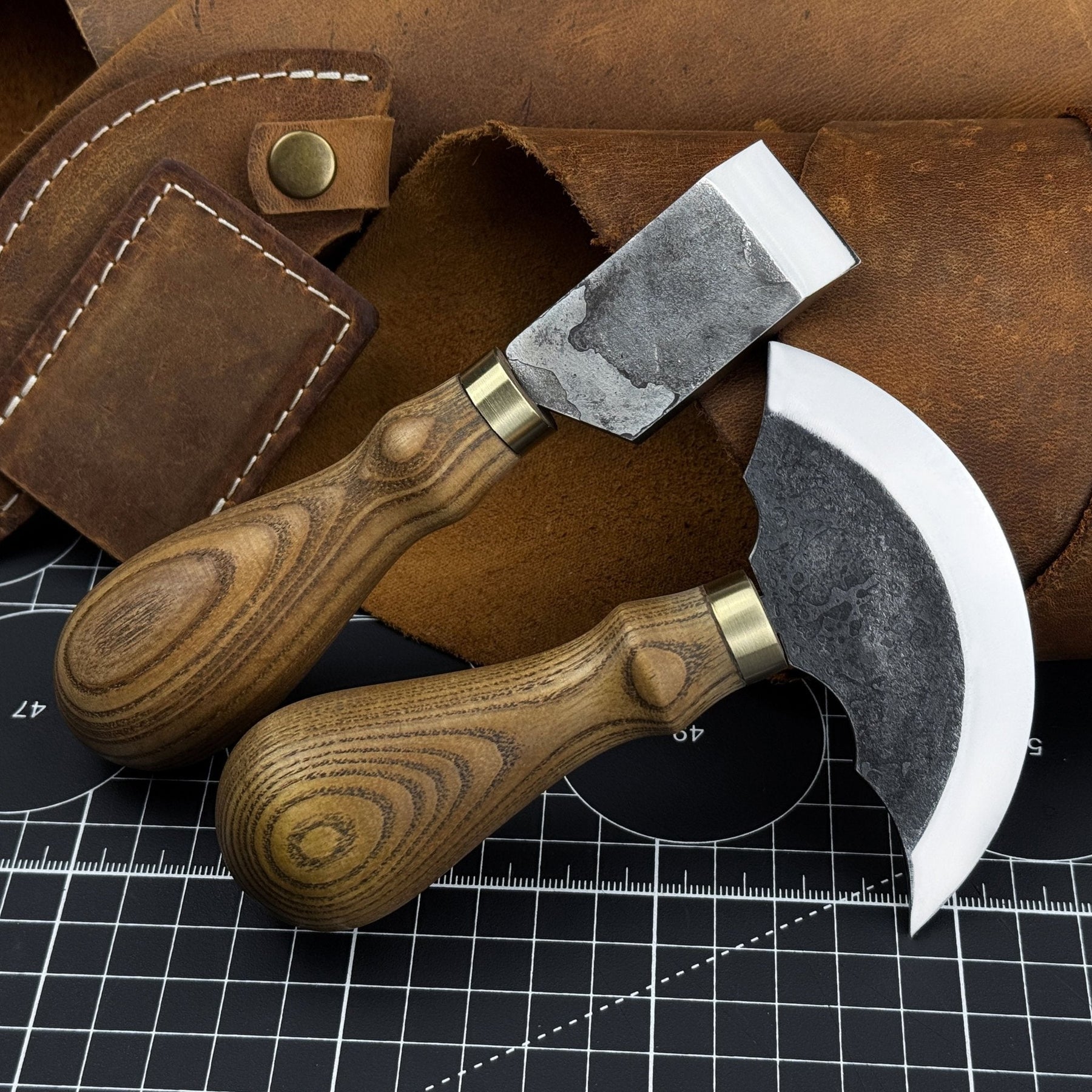 2-Piece Rounded and Straight Leather Knife Set by Sharky Forged Steel Tools