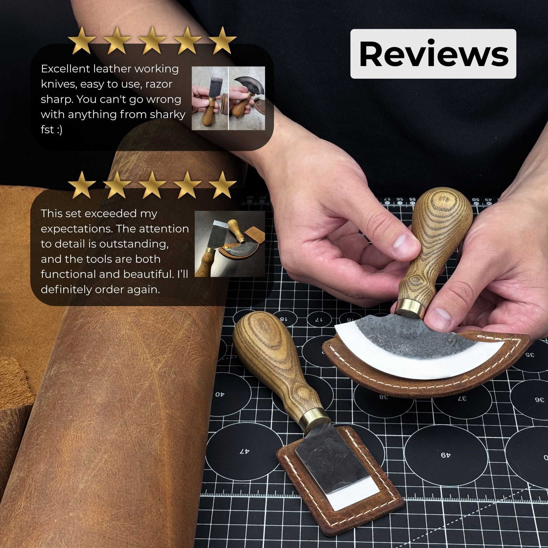 2-Piece Rounded and Straight Leather Knife Set detail view by Sharky Forged Steel Tools