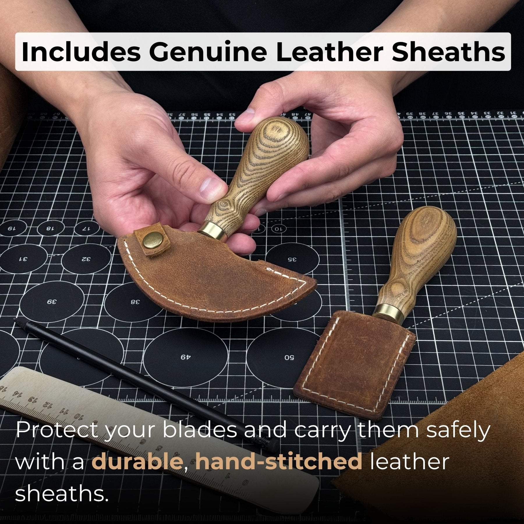 2-Piece Rounded and Straight Leather Knife Set detail view by Sharky Forged Steel Tools