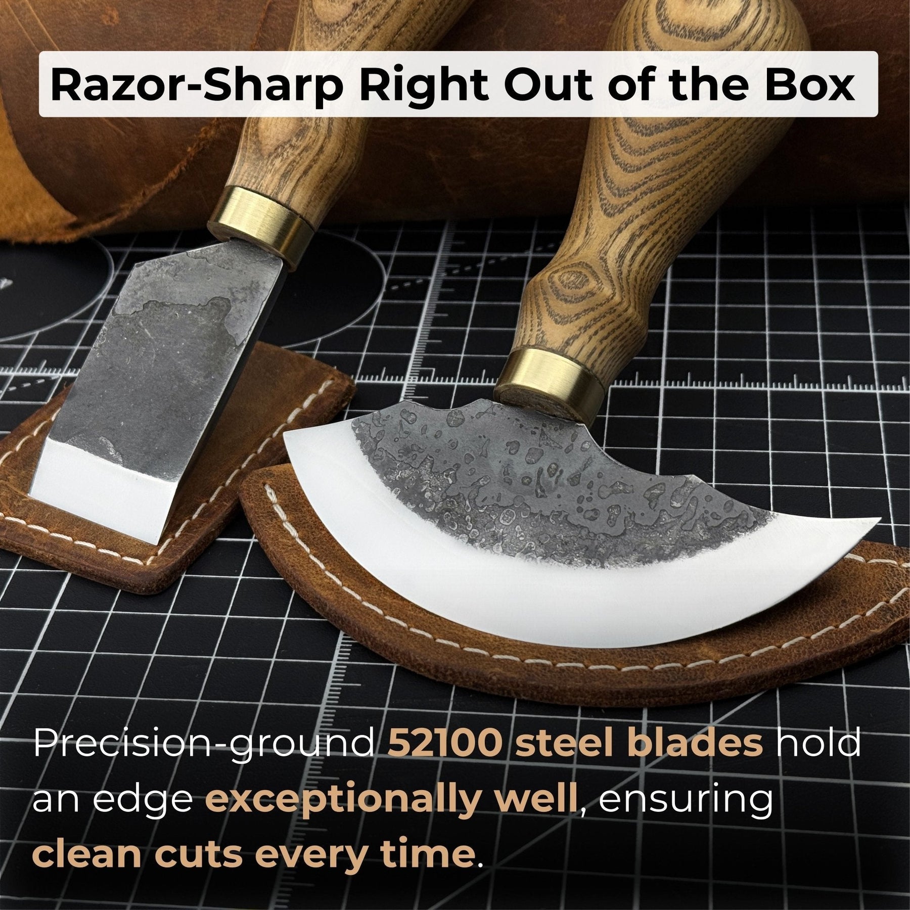 2-Piece Rounded and Straight Leather Knife Set detail view by Sharky Forged Steel Tools