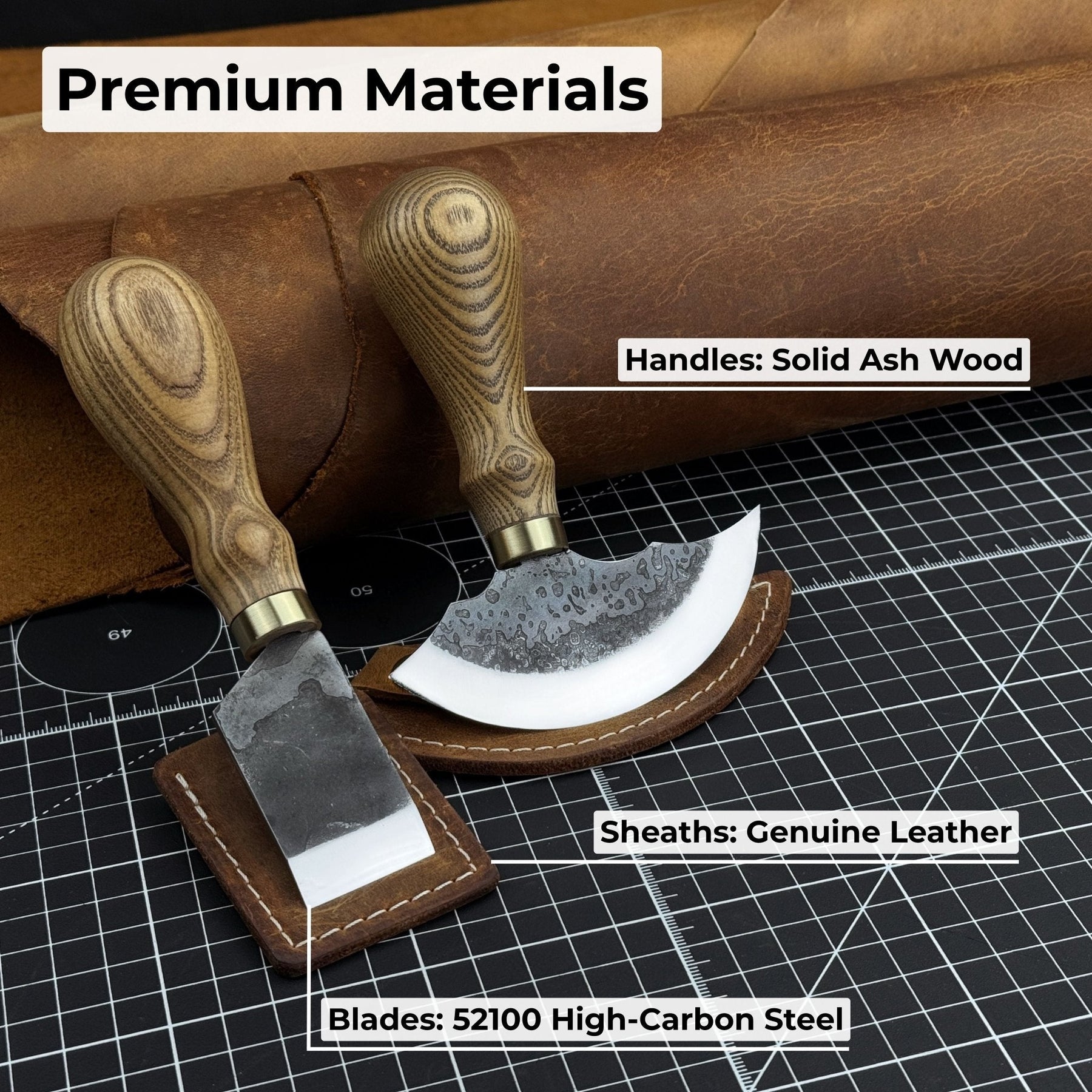 2-Piece Rounded and Straight Leather Knife Set detail view by Sharky Forged Steel Tools