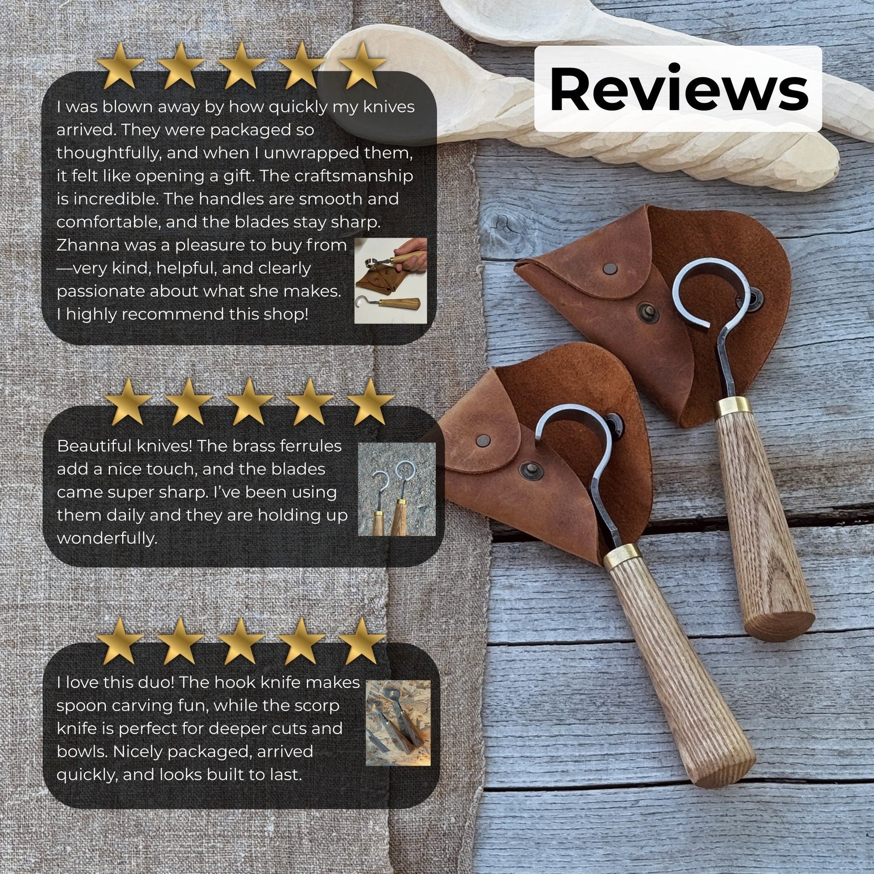 2-Piece Spoon Carving Knife Set detail view by Sharky Forged Steel Tools