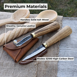 2-Piece Spoon Carving Knife Set with Leather Sheaths detail view by Sharky Forged Steel Tools