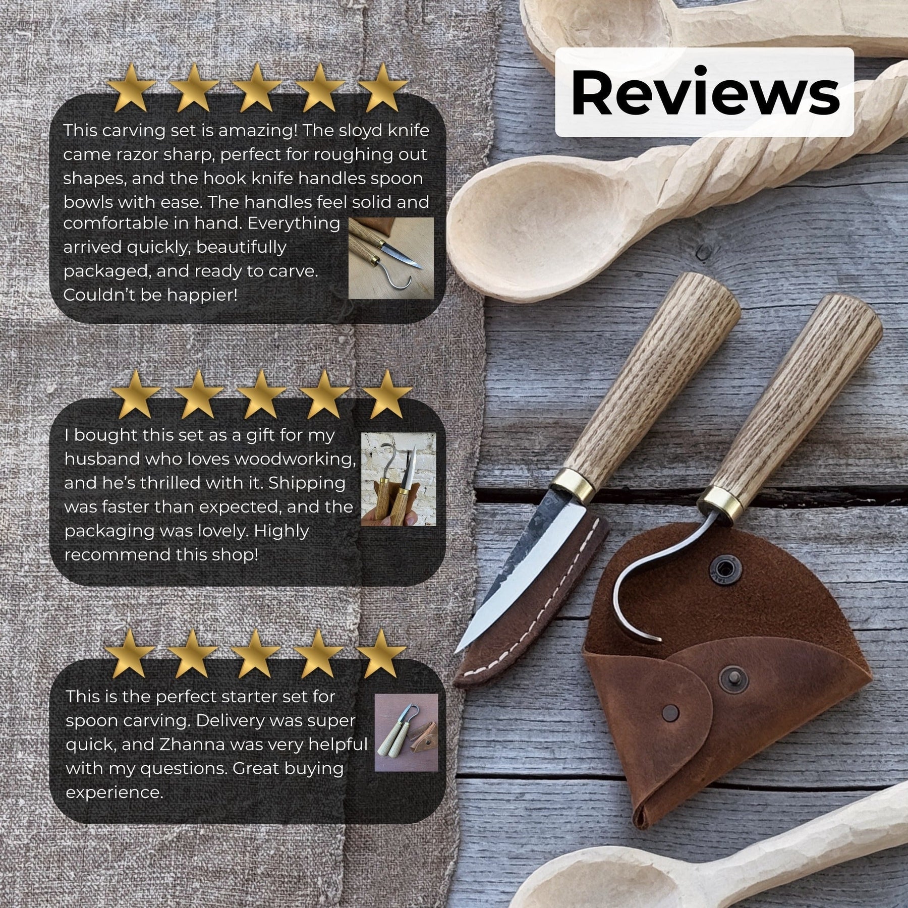 2-Piece Spoon Carving Knife Set with Leather Sheaths detail view by Sharky Forged Steel Tools