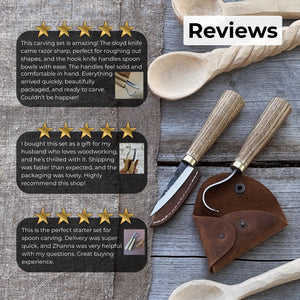 2-Piece Spoon Carving Knife Set with Leather Sheaths detail view by Sharky Forged Steel Tools