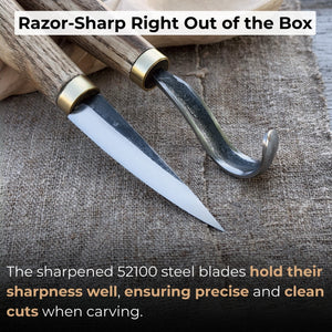 2-Piece Spoon Carving Knife Set with Leather Sheaths detail view by Sharky Forged Steel Tools