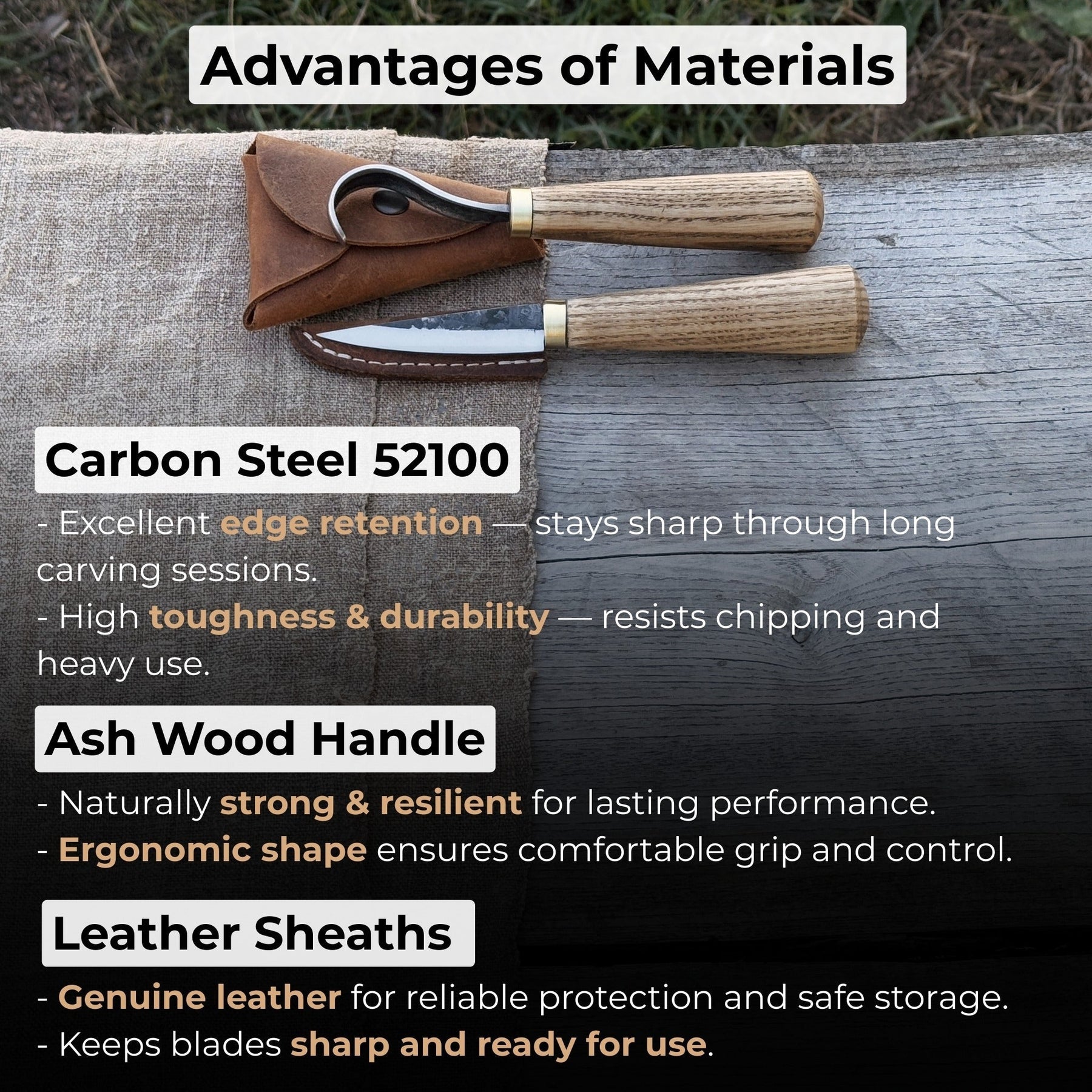 2-Piece Spoon Carving Knife Set with Leather Sheaths detail view by Sharky Forged Steel Tools
