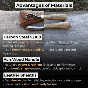 2-Piece Spoon Carving Knife Set with Leather Sheaths detail view by Sharky Forged Steel Tools