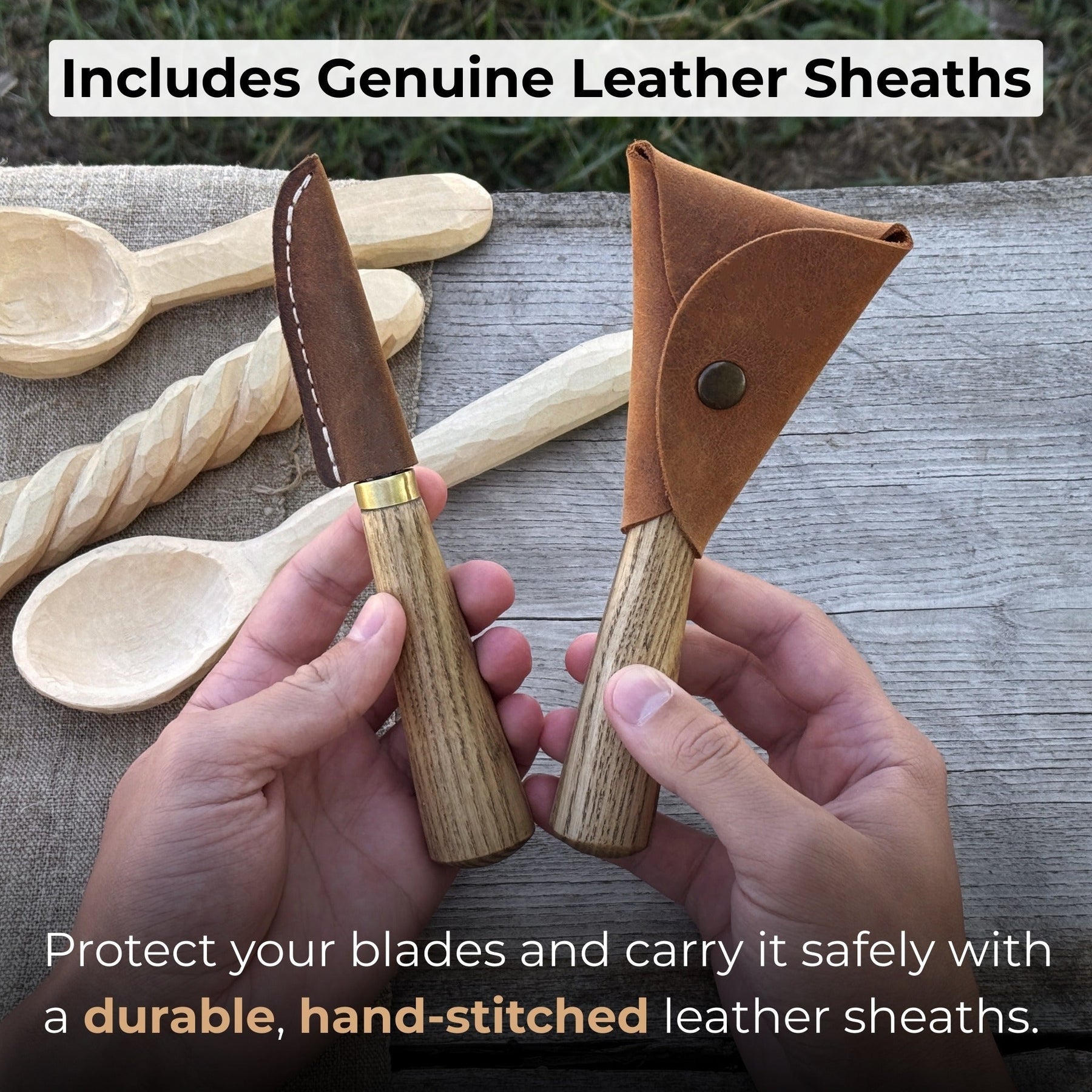 2-Piece Spoon Carving Knife Set with Leather Sheaths detail view by Sharky Forged Steel Tools