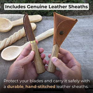 2-Piece Spoon Carving Knife Set with Leather Sheaths detail view by Sharky Forged Steel Tools
