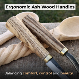 2-Piece Spoon Carving Knife Set with Leather Sheaths detail view by Sharky Forged Steel Tools