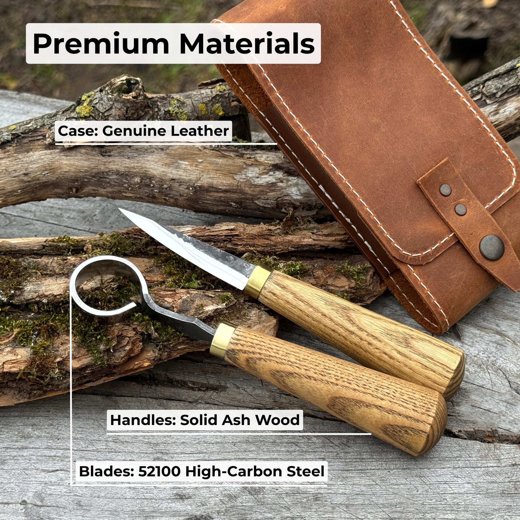 2-Piece Spoon Carving Tool Set with Leather Case detail view by Sharky Forged Steel Tools