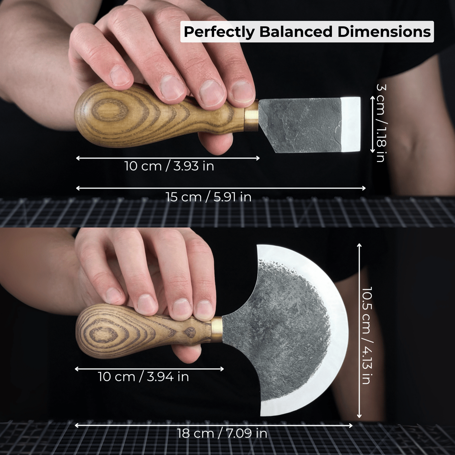 2-Piece Straight and Round (Half Moon) Leather Knife Set detail view by Sharky Forged Steel Tools