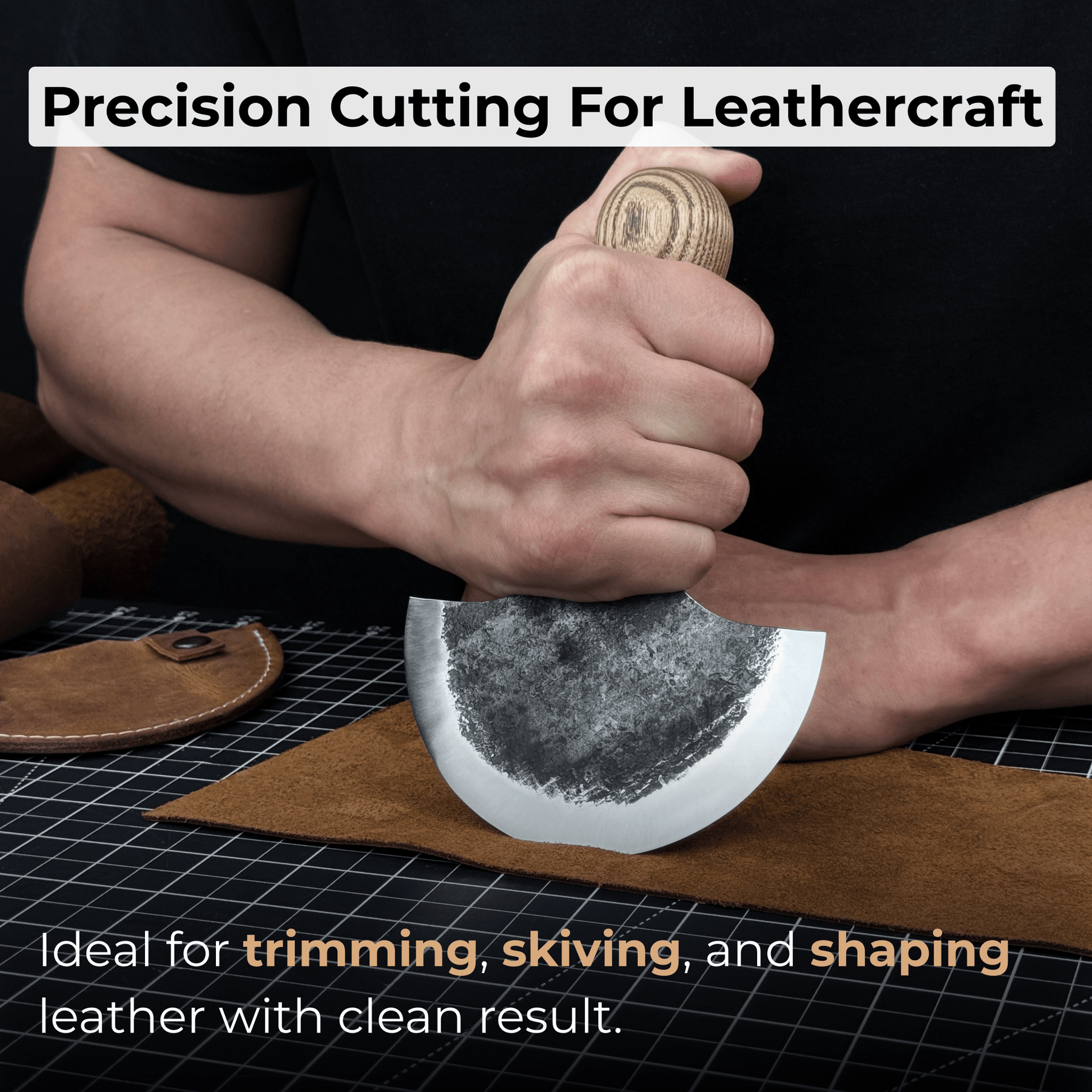 2-Piece Straight and Round (Half Moon) Leather Knife Set detail view by Sharky Forged Steel Tools