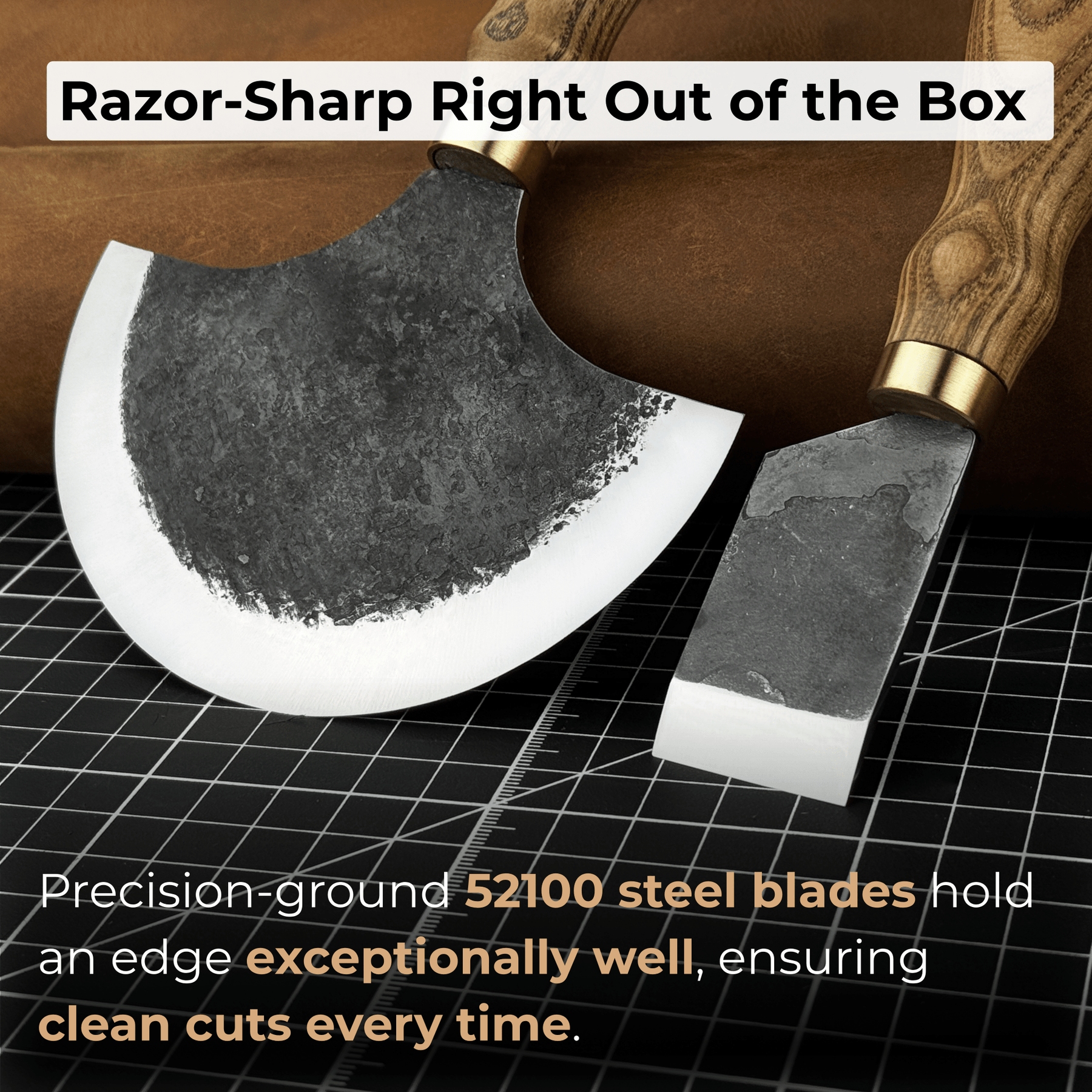 2-Piece Straight and Round (Half Moon) Leather Knife Set detail view by Sharky Forged Steel Tools