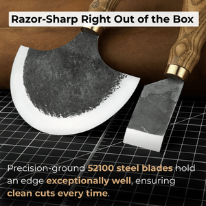 2-Piece Straight and Round (Half Moon) Leather Knife Set detail view by Sharky Forged Steel Tools