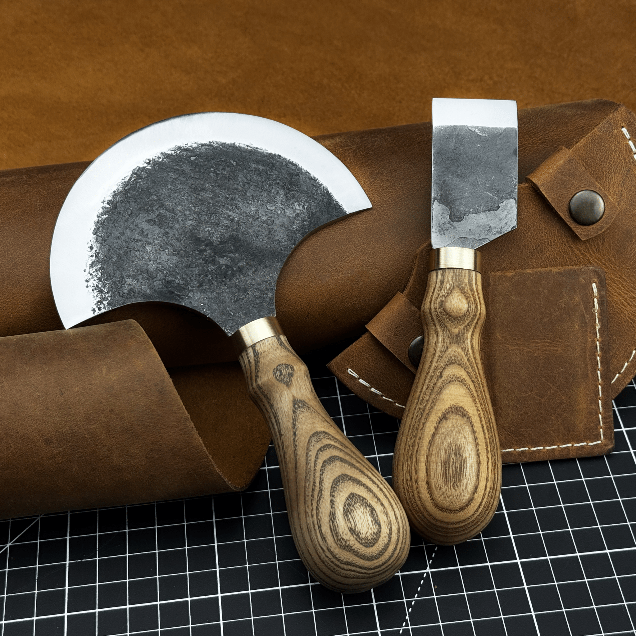 2-Piece Straight and Round (Half Moon) Leather Knife Set by Sharky Forged Steel Tools