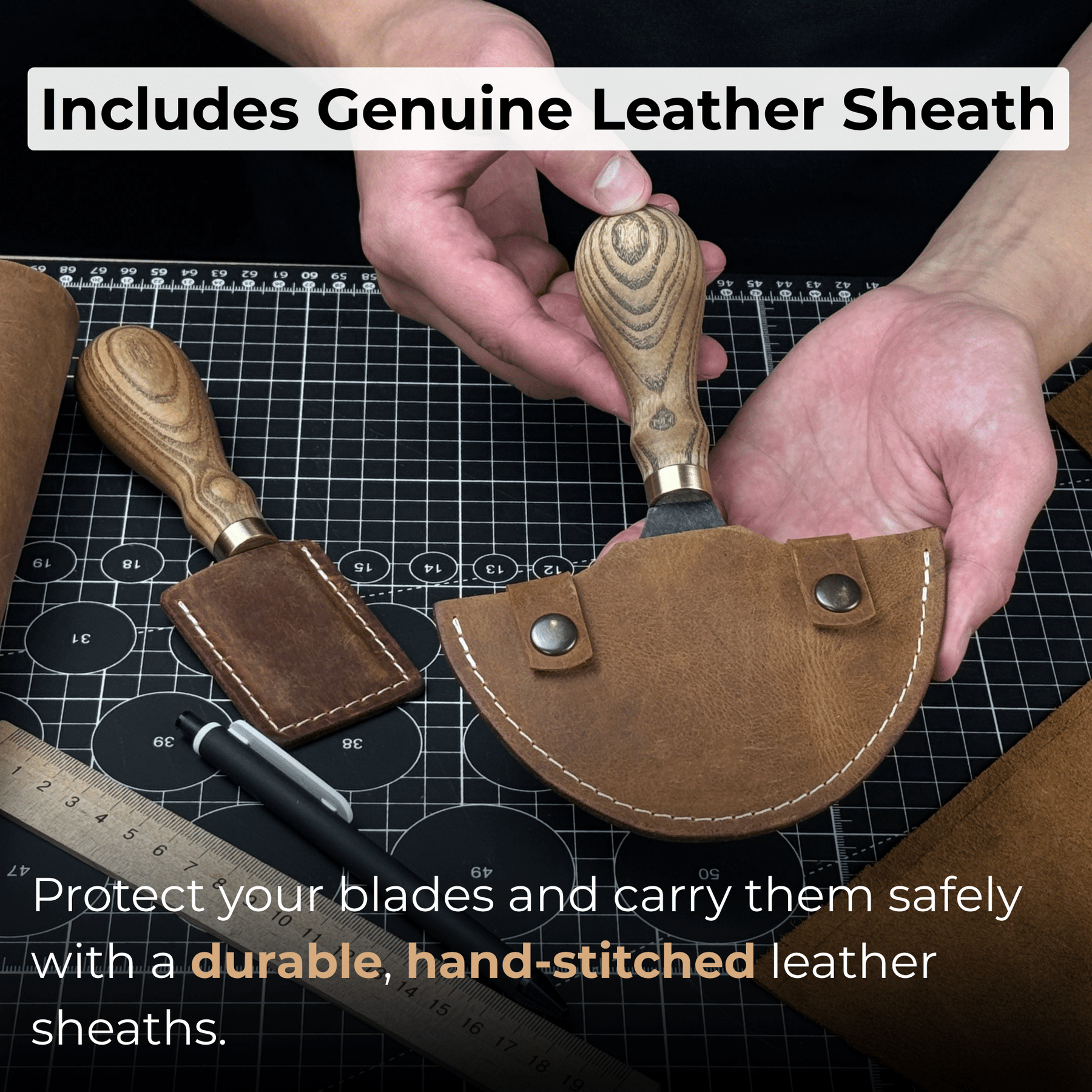 2-Piece Straight and Round (Half Moon) Leather Knife Set detail view by Sharky Forged Steel Tools