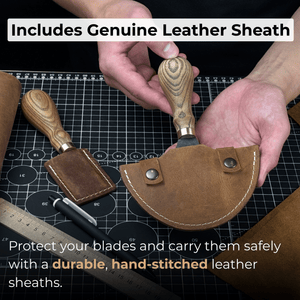 2-Piece Straight and Round (Half Moon) Leather Knife Set detail view by Sharky Forged Steel Tools