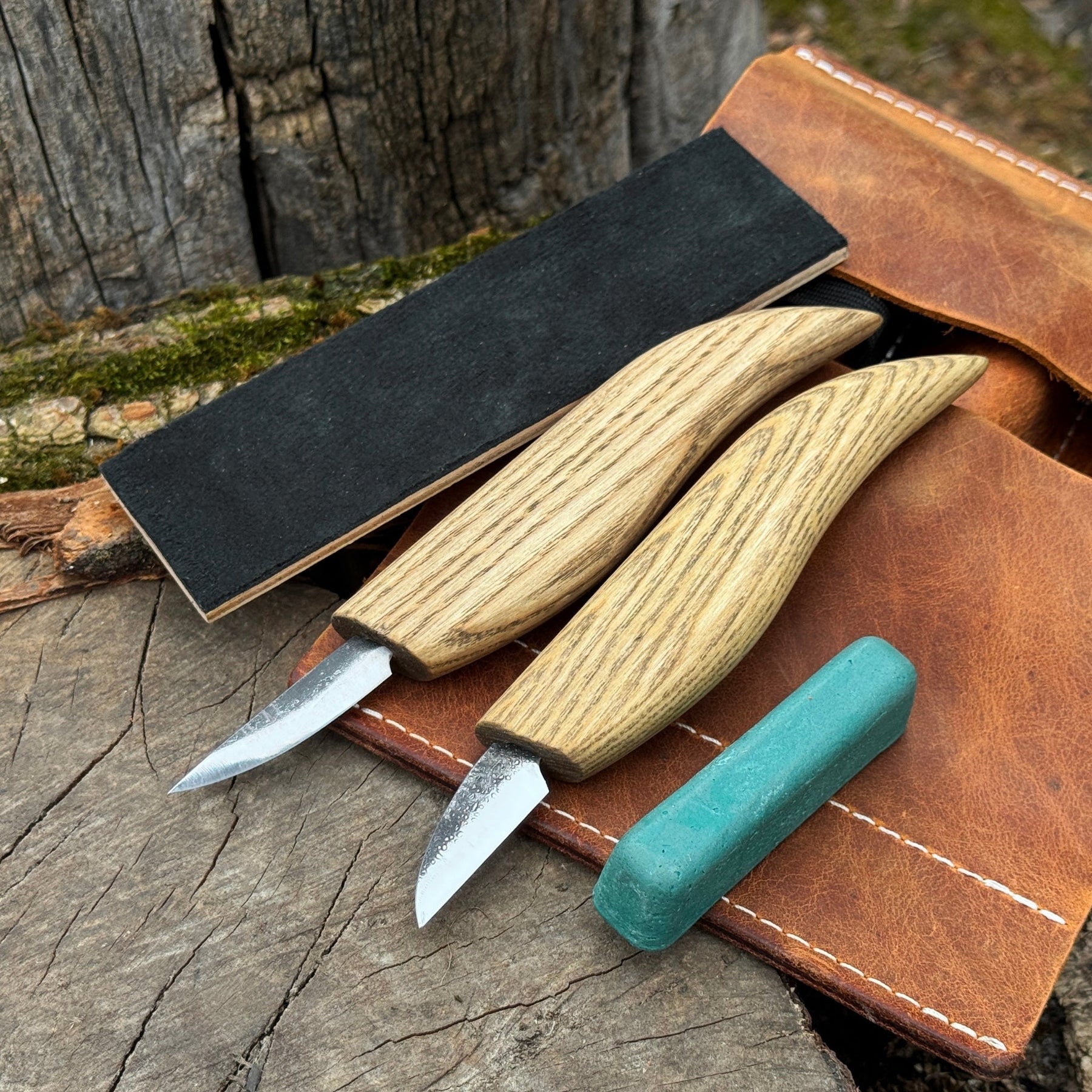 2-Piece Wood Carving Knife Set with Leather Strop and Case by Sharky Forged Steel Tools