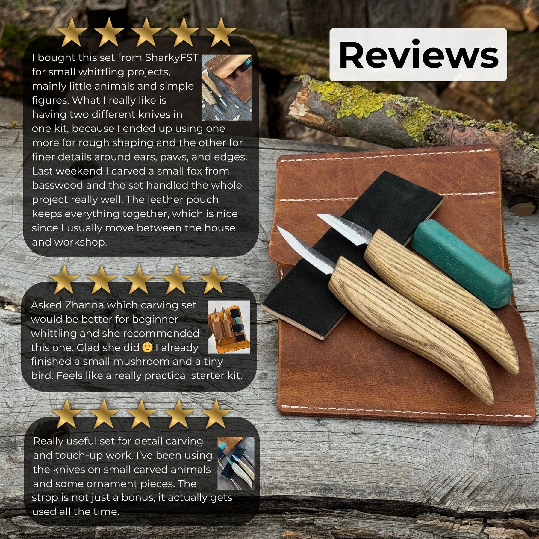 2-Piece Wood Carving Knife Set with Leather Strop and Case detail view by Sharky Forged Steel Tools