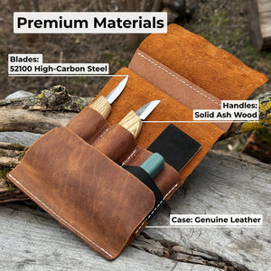 2-Piece Wood Carving Knife Set with Leather Strop and Case detail view by Sharky Forged Steel Tools