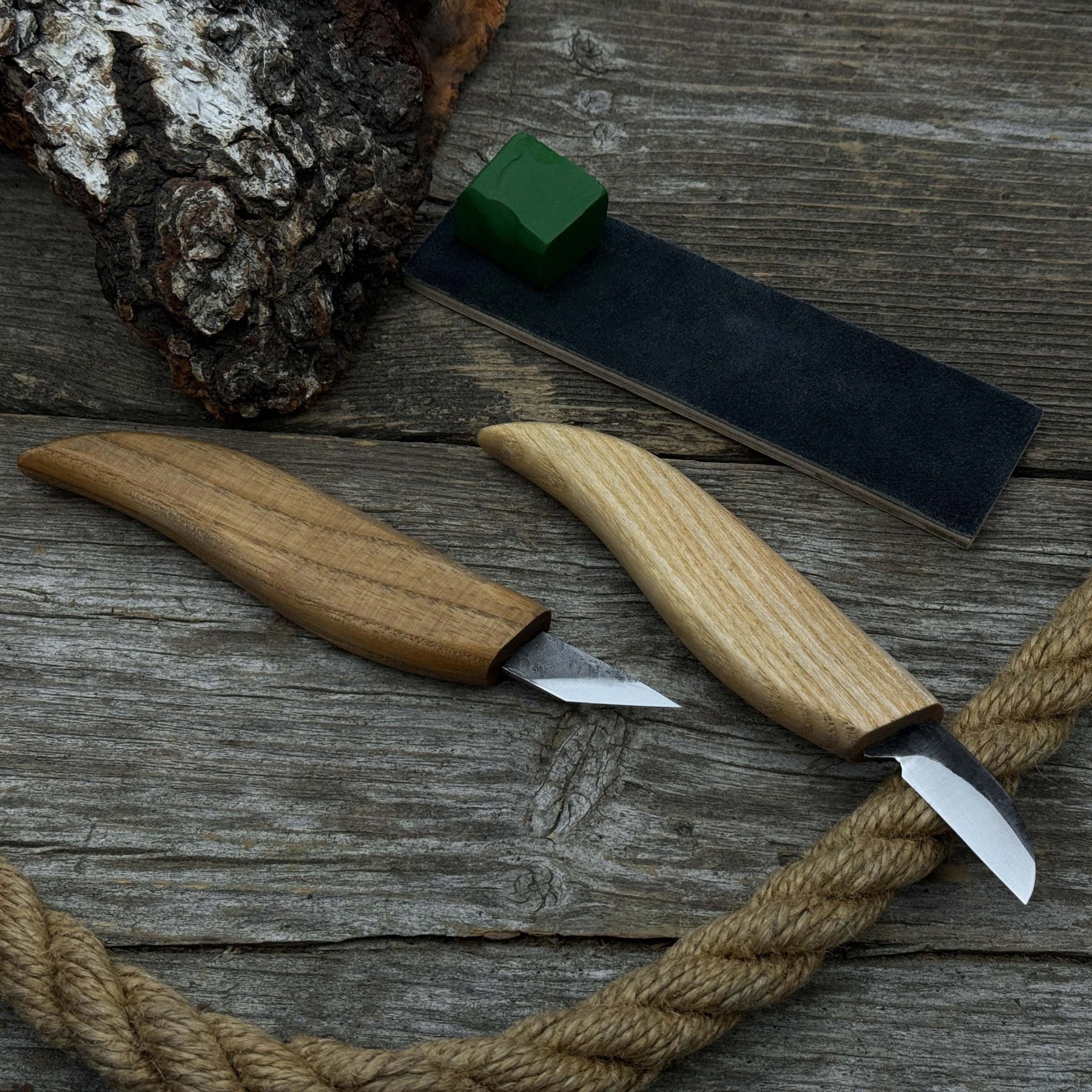 2-Piece Wood Carving Knife Set with Leather Strop detail view by Sharky Forged Steel Tools