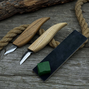 2-Piece Wood Carving Knife Set with Leather Strop detail view by Sharky Forged Steel Tools