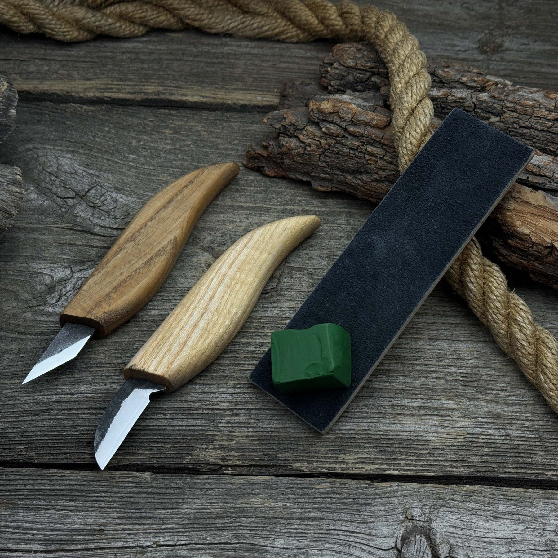 2-Piece Wood Carving Knife Set with Leather Strop detail view by Sharky Forged Steel Tools