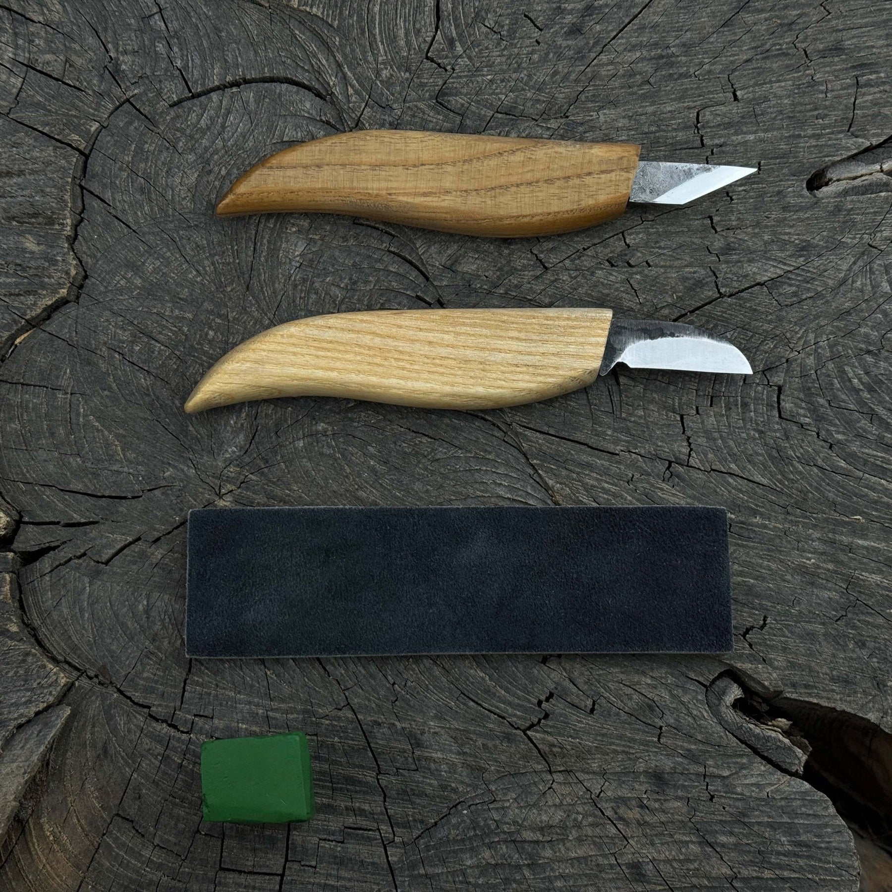 2-Piece Wood Carving Knife Set with Leather Strop detail view by Sharky Forged Steel Tools