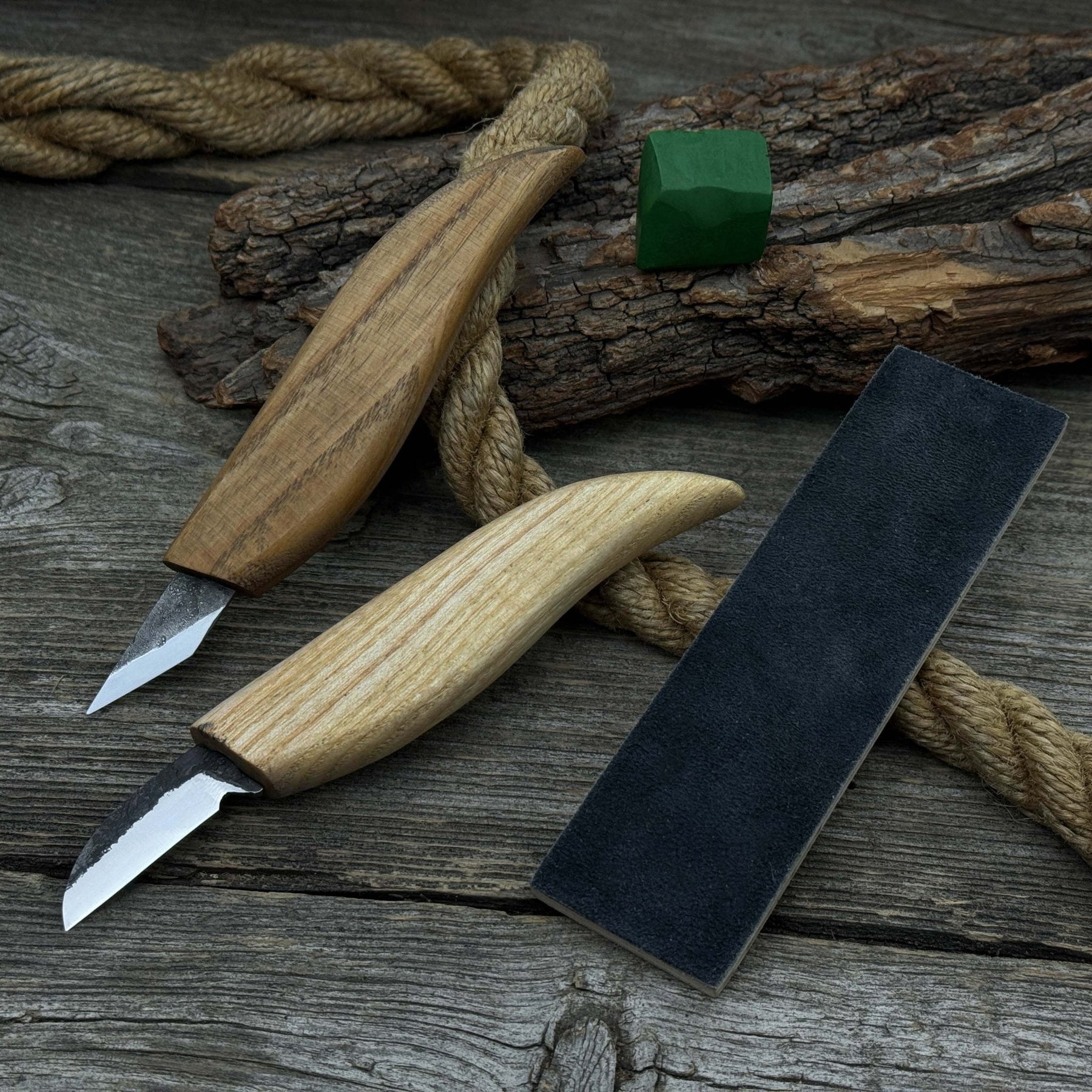2-Piece Wood Carving Knife Set with Leather Strop detail view by Sharky Forged Steel Tools