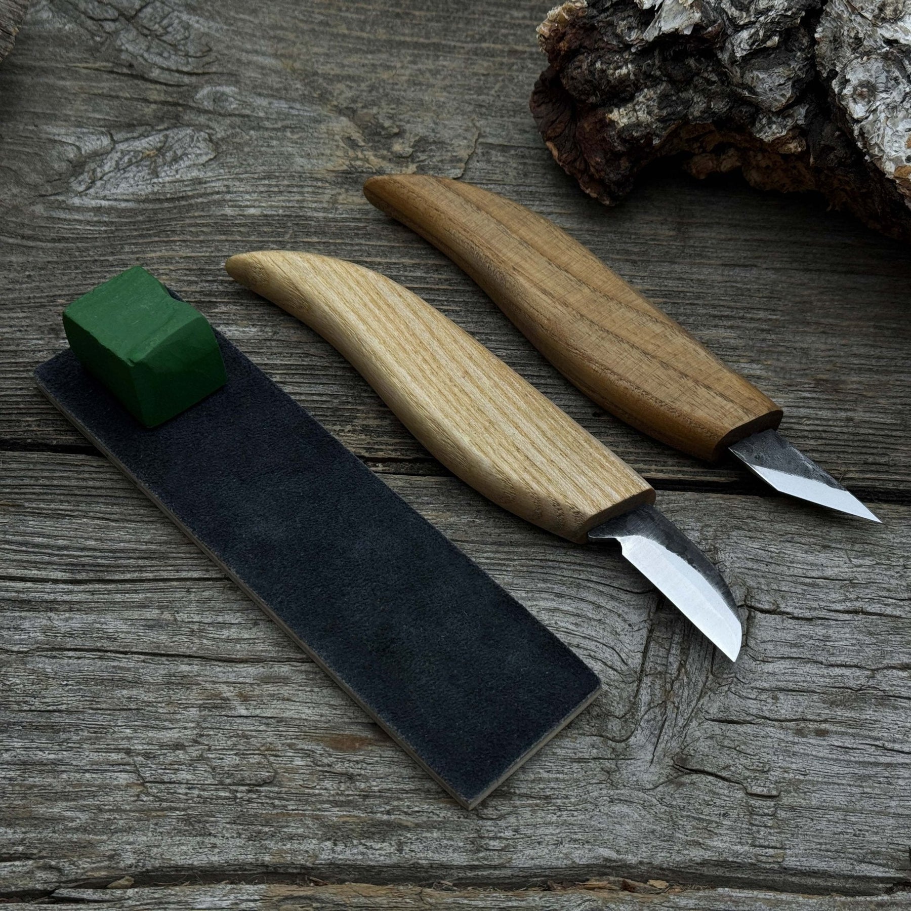 2-Piece Wood Carving Knife Set with Leather Strop detail view by Sharky Forged Steel Tools