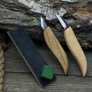 2-Piece Wood Carving Knife Set with Leather Strop detail view by Sharky Forged Steel Tools