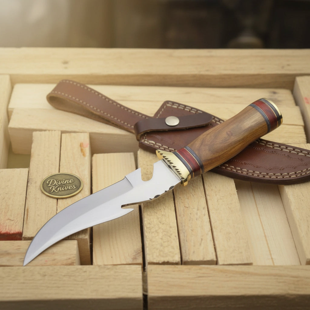 Brass Guard Damascus Gut Hook Knife with Multi Ring Wood Handle detail view by Divine Knives