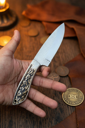 Stag Horn Rasp Skinner Knife with Included Tooled Sheath detail view by Divine Knives