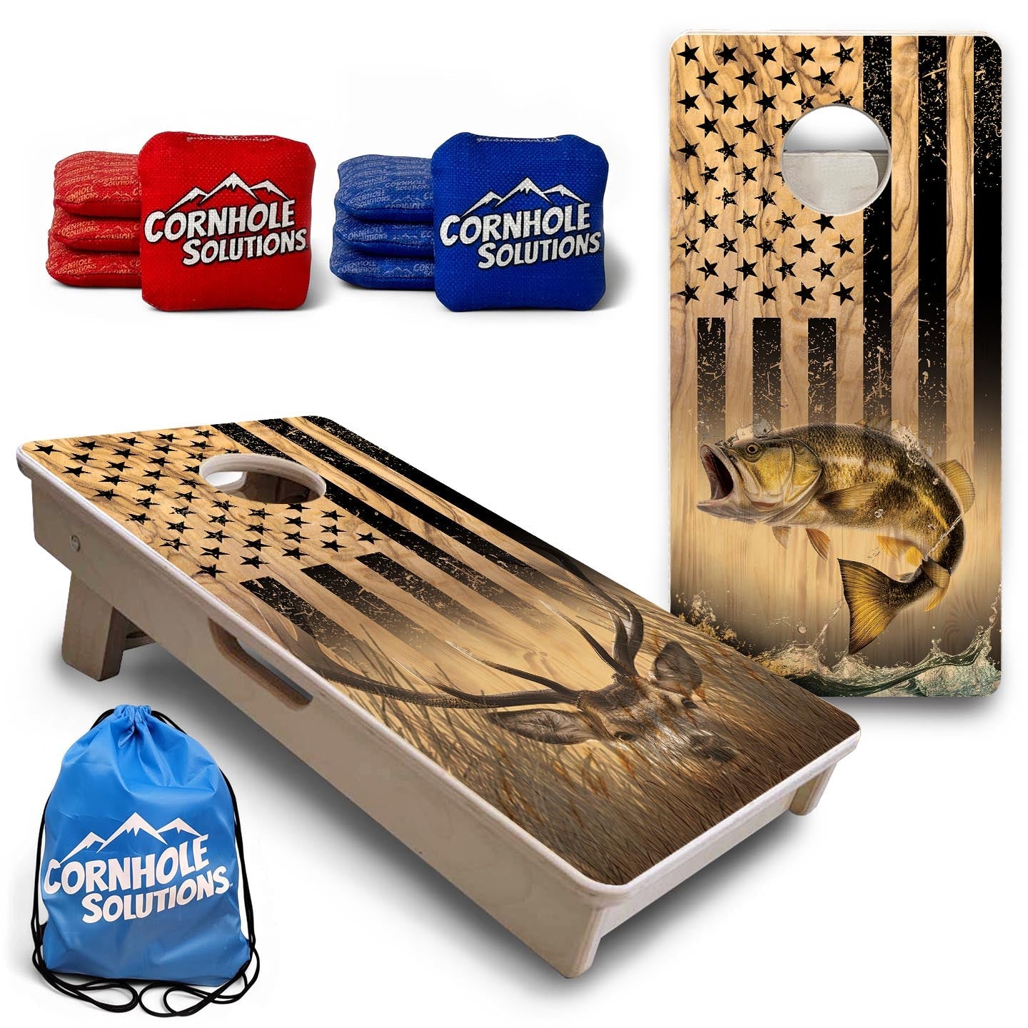 Light Wood Deer & Fish Flag - Mini or Vacation Size Cornhole Boards by Cornhole Solutions, custom cornhole board main product photo