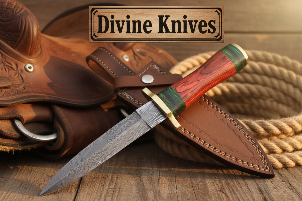 Minimalist Dark Wood Damascus Knife with a Single Green Ring Detail by Divine Knives