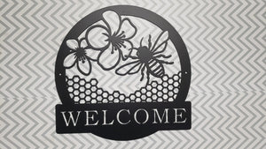 Honey Bee Welcome Sign – Metal Wall Art, Bee Decor for Porch, Garden, Entryway, Custom Steel Welcome Plaque detail view by