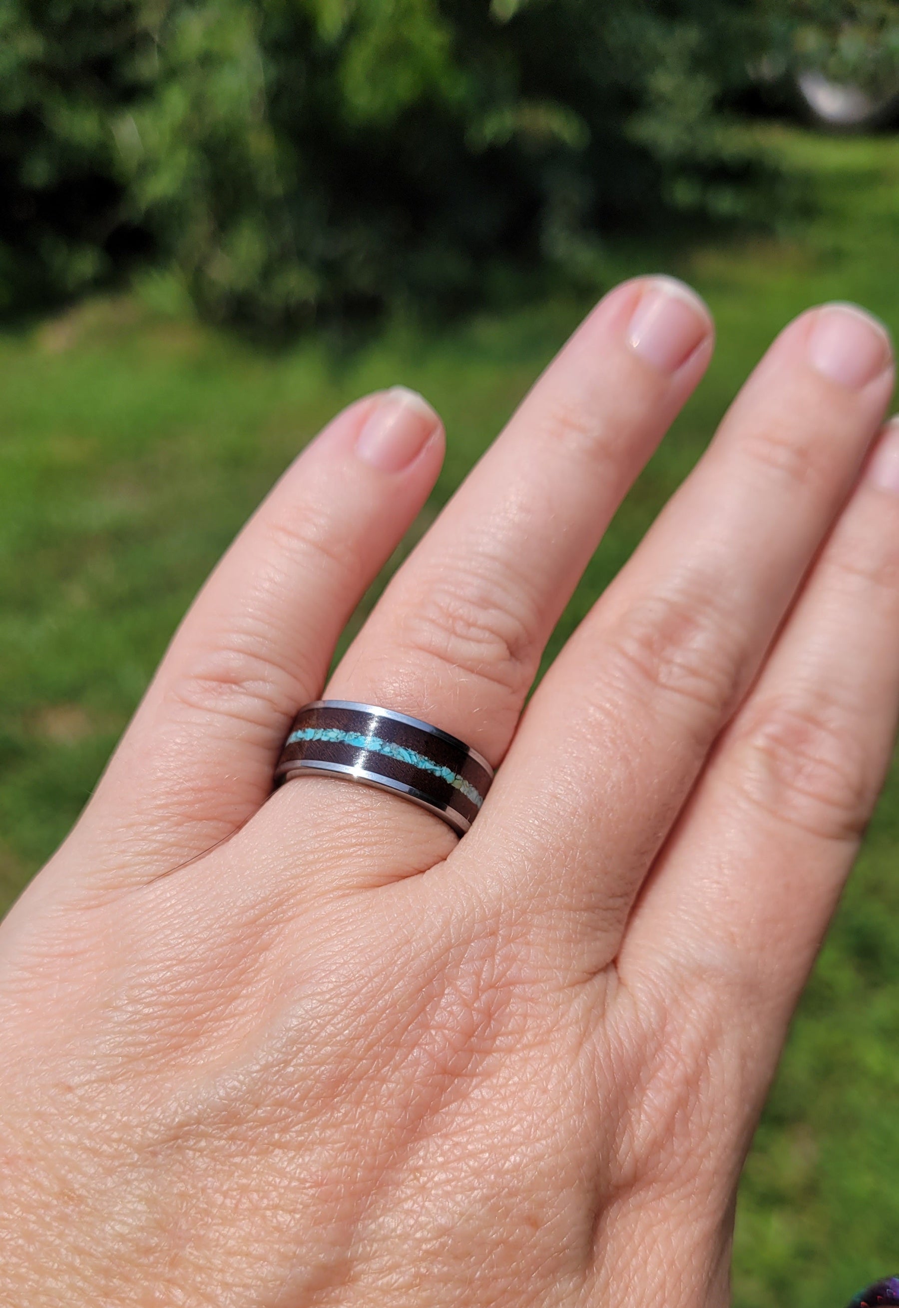 Turquoise and Walnut Wedding Band by Cotton Street Art Company, handmade ring detail photo 2
