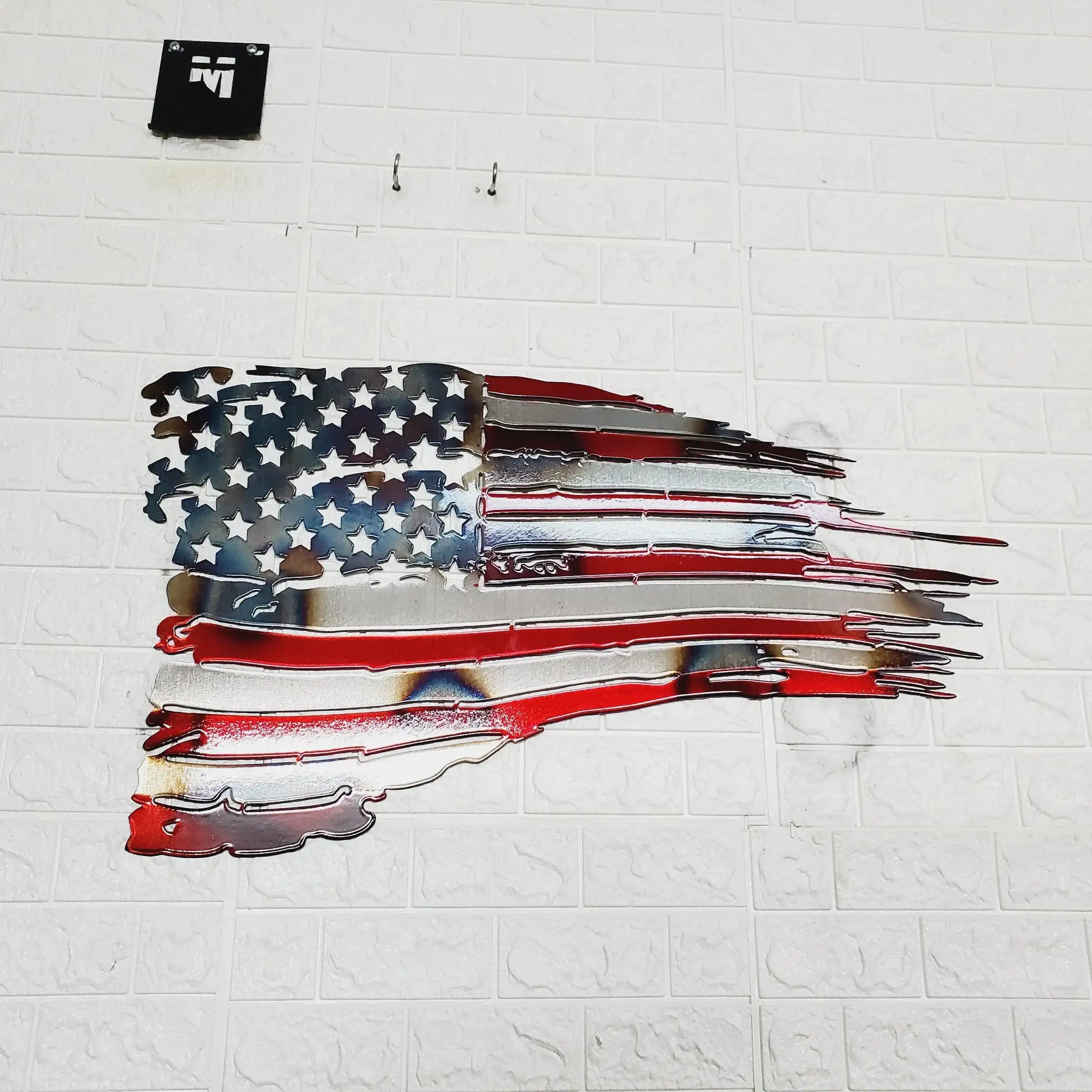 Tattered American Flag Metal Wall Art – Plasma Cut 24"x14" – Patriotic Decor – Color or Heat Treated Finish detail view by