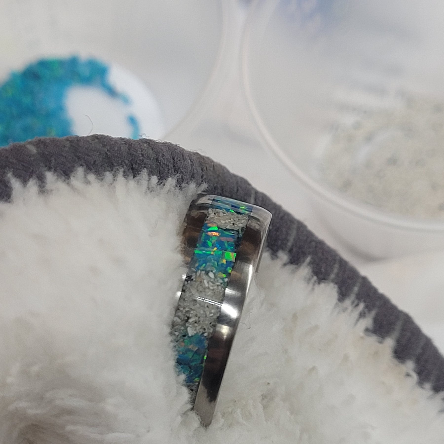 The Lost Luna Memorial Ring - Cremation Ash and Opal - Glow-in-the-Dark - Titanium by Cotton Street Art Company, handmade jewelry detail photo 8