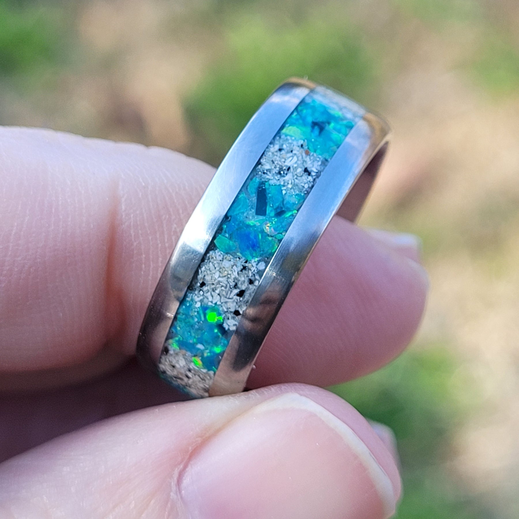 The Lost Luna Memorial Ring - Cremation Ash and Opal - Glow-in-the-Dark - Titanium by Cotton Street Art Company, handmade jewelry detail photo 3