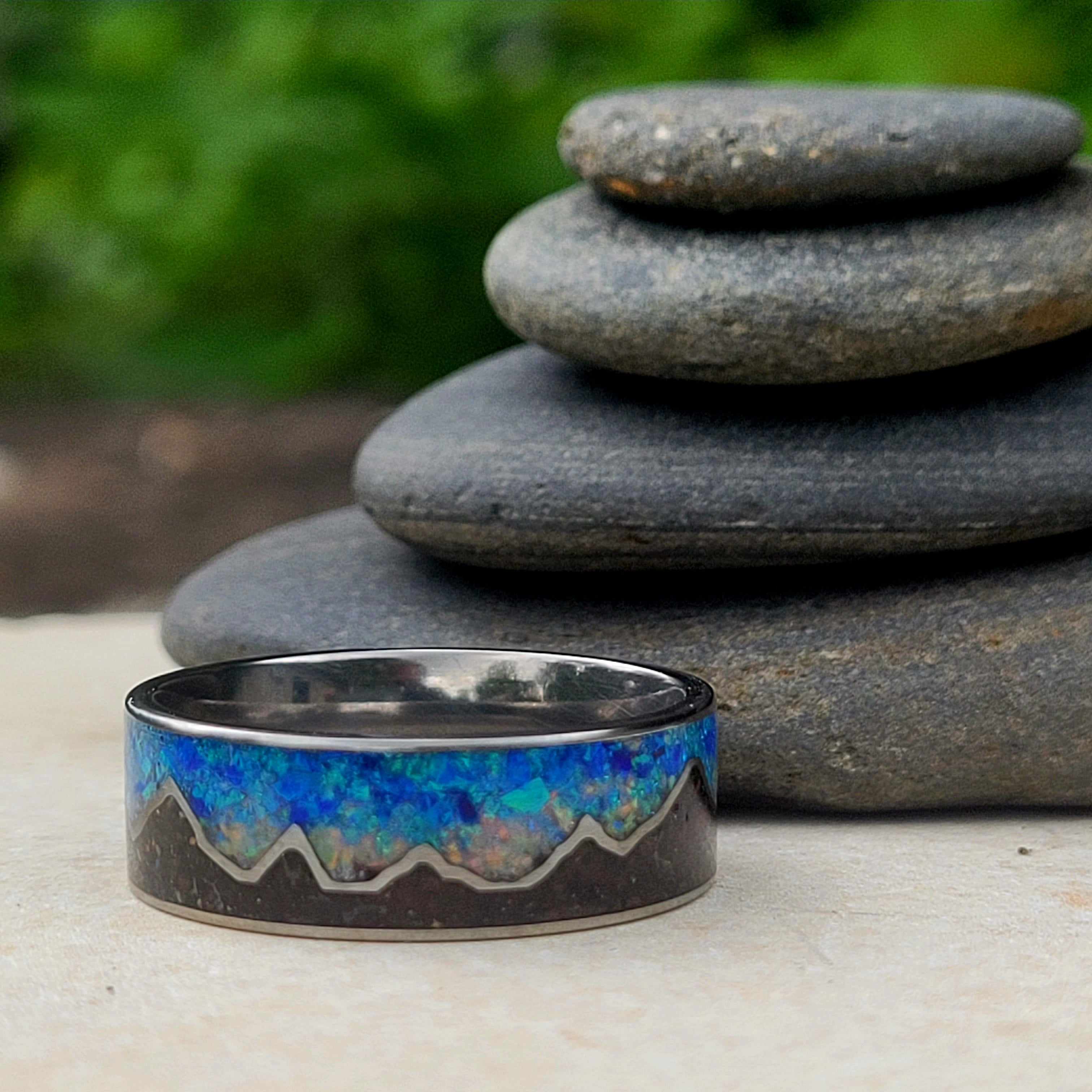 Keepsake Memory Ring "Mountains On My Mind" Titanium Band by Cotton Street Art Company, handmade jewelry detail photo 2